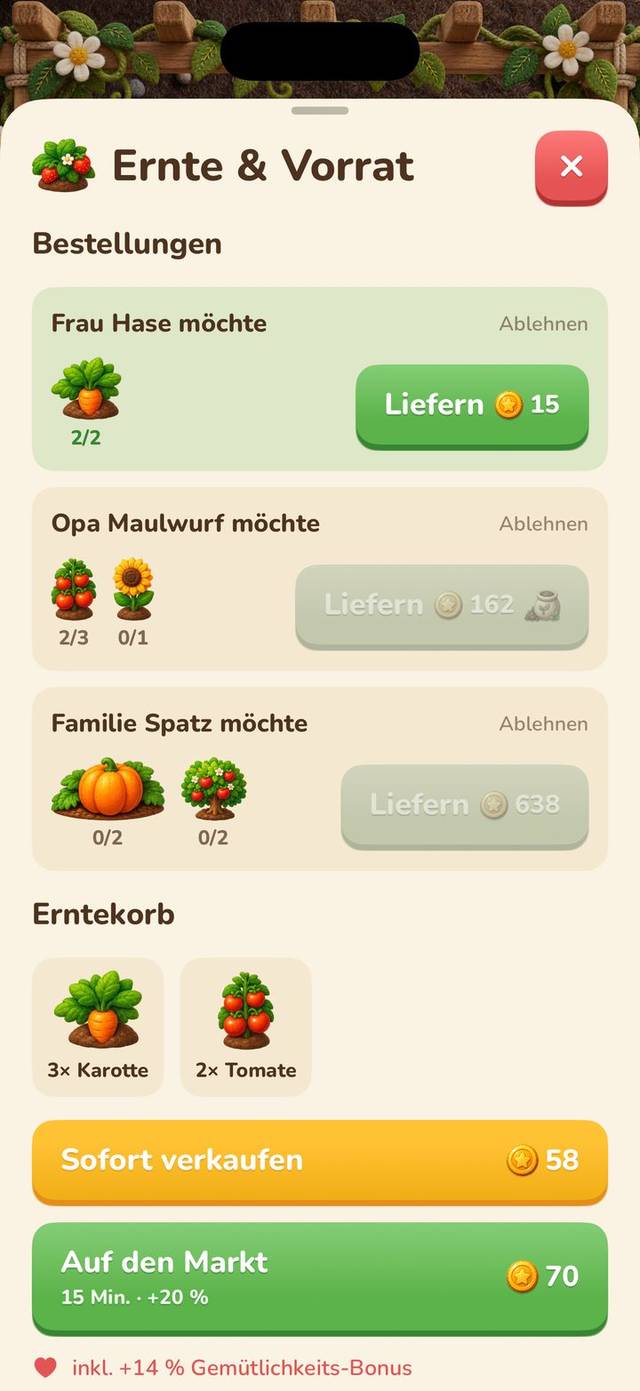 Bestellungen der Nachbarn und Erntekorb